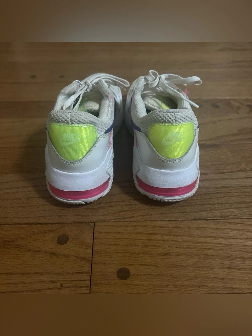 Nike White Sneakers with Purple Swoosh and Neon Pink & Yellow Accents
